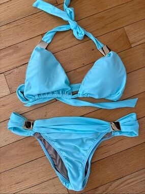 Adriana Degreas light aqua halter triangle bikini M